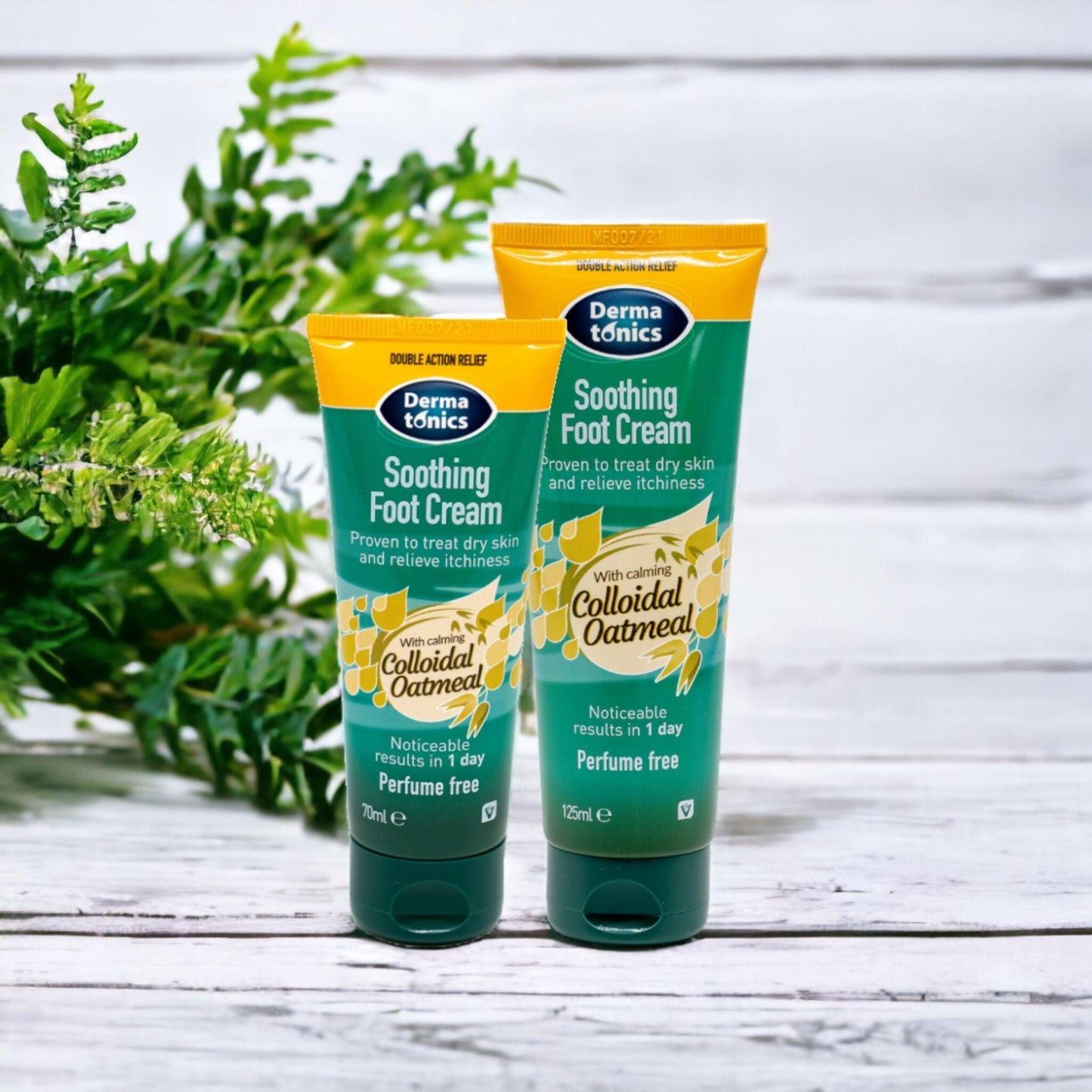 Lifestyle image of Dermatonics Soothing Foot Cream on table with a plant.
