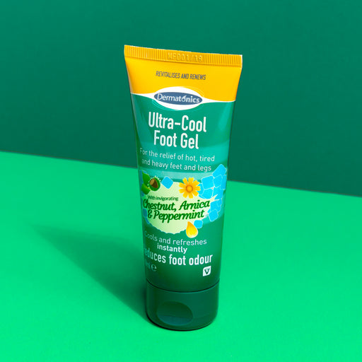 Dermatonics Ultra-Cool Gel to cool aching feet and joints contains chestnut, arnica, and peppermint to quickly cool the body.