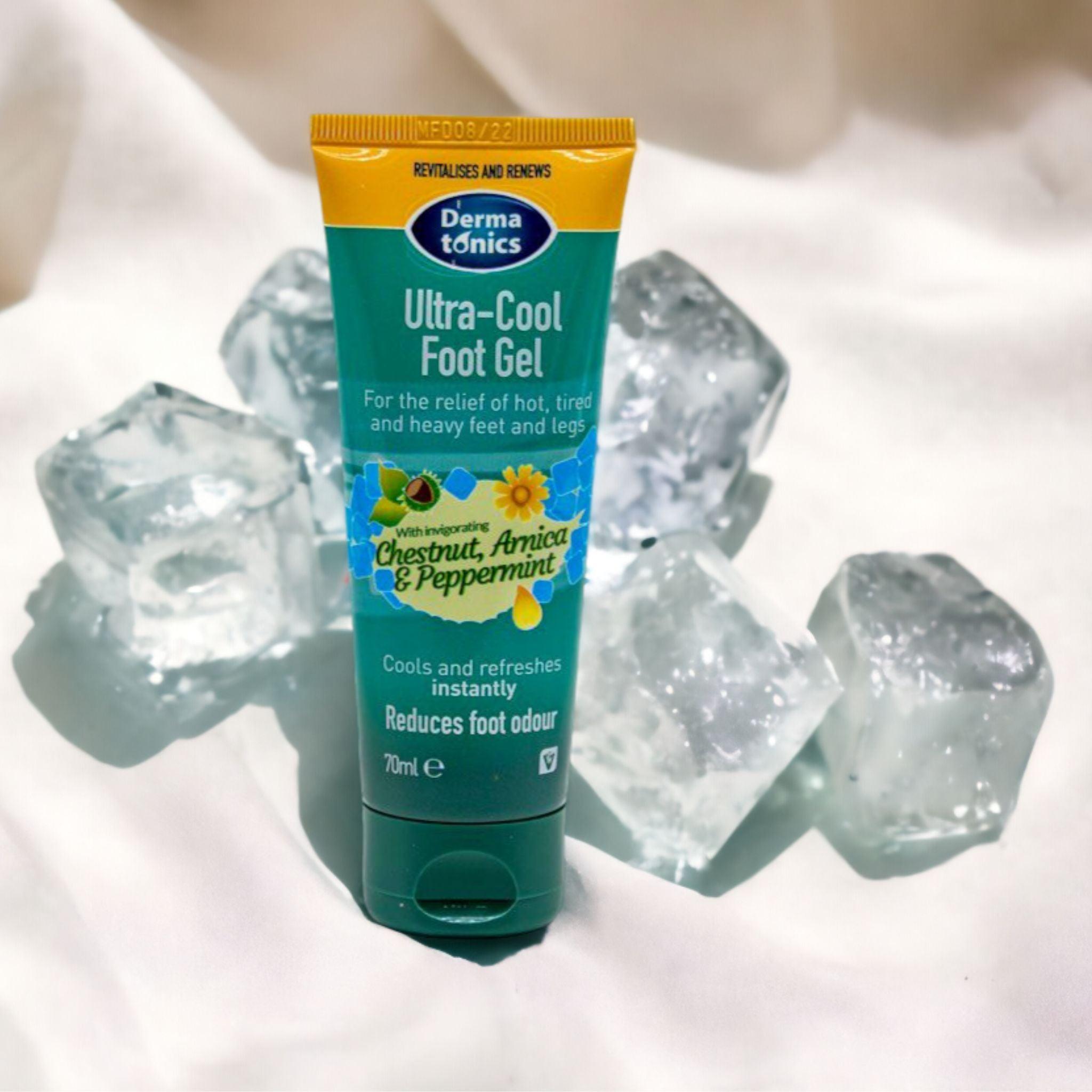 Product shot with ice of Dermatonics Ultra Cool Foot Gel